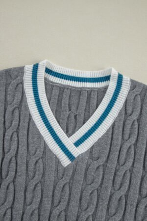 Medium Grey Color Contrast Ribbed Edge Cable Knit V Neck Sweater - Image 8