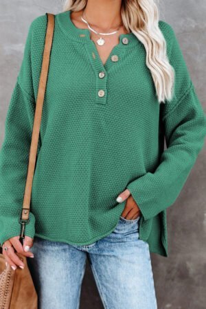 Green-2 Henley Pullover Drop Shoulder Sweater with Slits