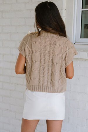 Alternative view of Simply Taupe Cable Knit Colorblock Satin Bowknot Short Sleeve Sweater