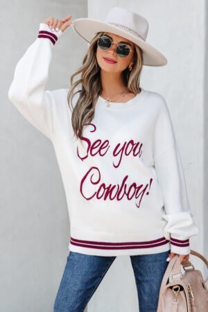 White See You Cowboy Embroidered Western Graphic Sweater - Image 9