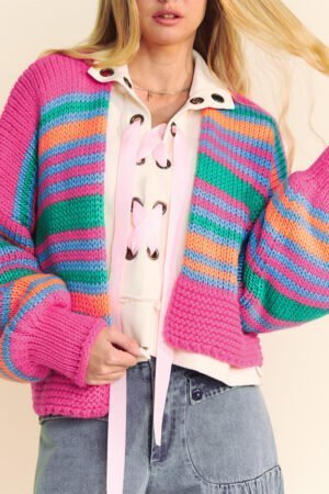 Rose Stripe Colorful Puff Sleeve Drop Shoulder Loose Cardigan - Image 4