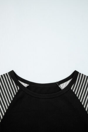 Black Contrast Print Striped Raglan Long Sleeve Loose Top - Image 4