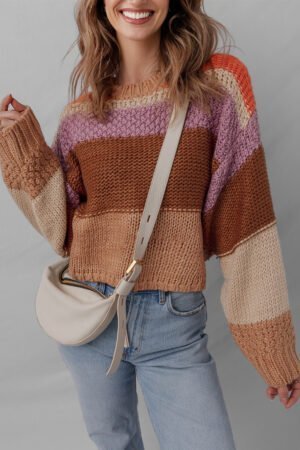Multicolour Cropped Colorblock Drop Shoulder Knitted Sweater - Image 3