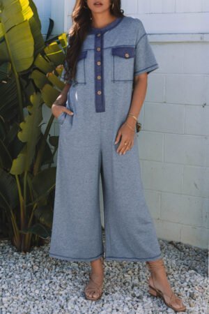 Beau Blue Half Placket Chest Pockets Short Sleeve Wide Leg Jumpsuit - Image 2