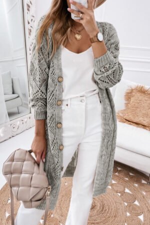 Gray Hollow-out Openwork Knit Cardigan - Image 5