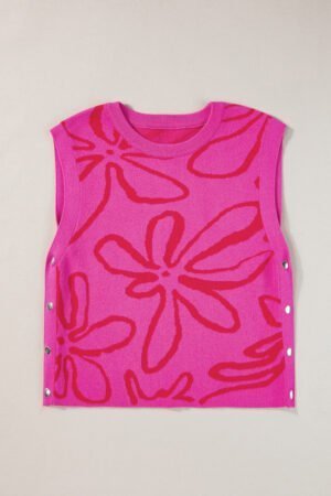 Bright Pink Button Sides Sleeveless Floral Knitted Top - Image 5