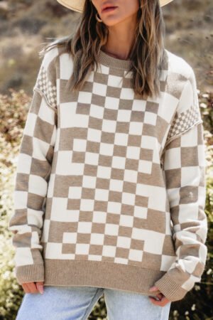 Khaki Checkered Print Drop Shoulder Round Neck Sweater - Image 2
