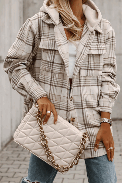 Khaki Plaid Removable Hood Buttoned Shacket