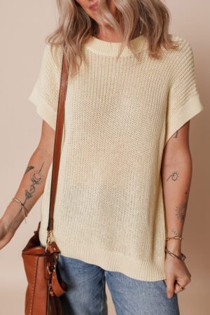Oatmeal Solid Color Batwing Short Sleeve Round Neck Knit T Shirt - Image 6