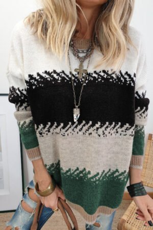 Black Stylish Color Block Pattern Drop Shoulder Sweater - Image 3
