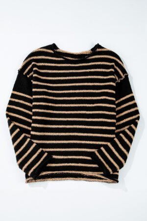 Black Stripe Drop Shoulder Round Neck Loose Sweater - Image 4