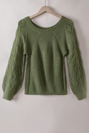 Green Hollow-out Puffy Sleeve Knit Sweater - Image 5