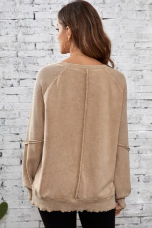 Light French Beige Solid Waffle Knit Patchwork Raglan Sleeve Sweatshirt - Image 4