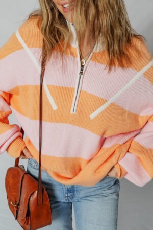 Orange Stripe Colorblock Half Zip Oversize Sweater - Image 6
