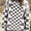 Gray Checkered Print Drop Shoulder Round Neck Sweater