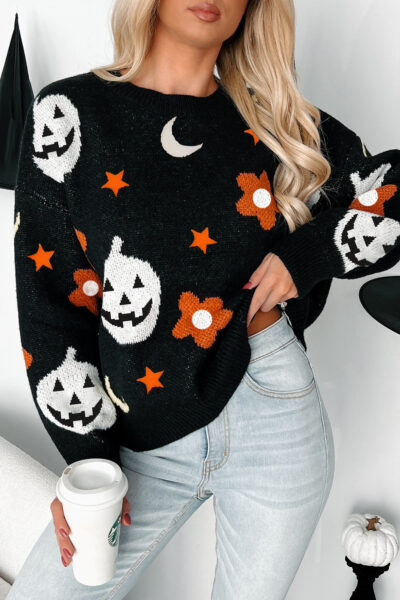 Black Halloween Mythical Night Pattern Drop Shoulder Sweater