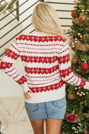 White Western Geometric Patterned Crew Neck Loose Sweater - Image 2