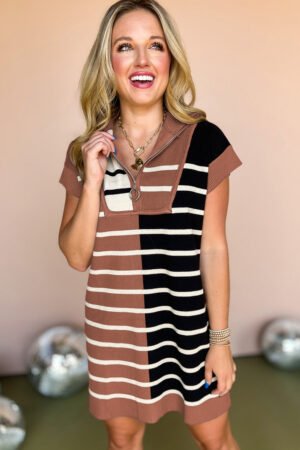 Black Stripe Color Block Quarter Zip Collar Short Sleeve Sweater Dress - Image 5