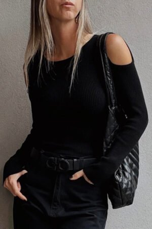 Black Ribbed Knit Cold Shoulder Sweater - Image 4