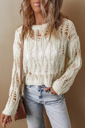 White Cut Out Crochet Crew Neck Loose Fit Sweater - Image 2