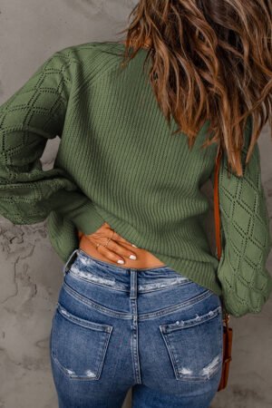 Green Bishop Sleeve Button V Neck Cardigan Sweater - Image 3