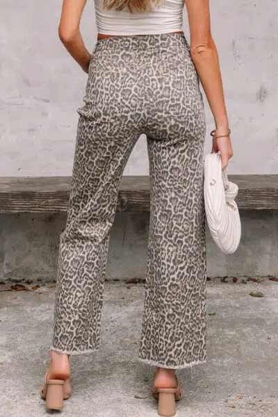 Brown Leopard Frayed Edge Wide Leg High Waist Jeans