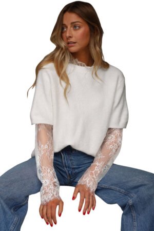 Beige Lace Sleeve Patchwork Faux Two-piece Fuzzy Sweater - Image 18