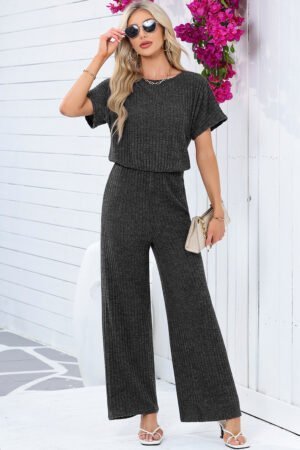 Dark Grey Ribbed Keyhole Short Sleeve Wide Leg Jumpsuit - Image 3