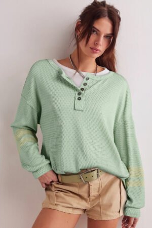 Meadow Mist Green Textured Knit Drop Shoulder Color Block Detail Long Sleeve Henley Top - Image 3