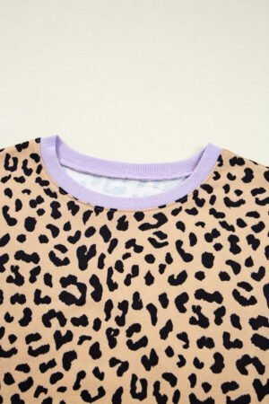 Purple Stripe Color Block Patchwork Leopard Casual Sweatshirt with Slits - Image 7
