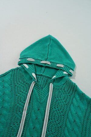 Sea Green Cable Knit V Neck Contrast Drawstring Hooded Sweater - Image 7