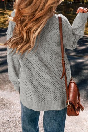 Light Grey Loose Eyelet V Neck Drop Shoulder Sweater - Image 2