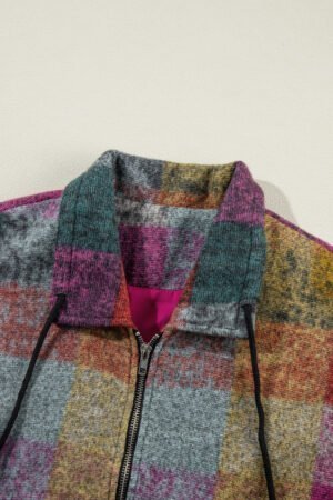 Multicolor Plaid Print Side Pockets Zipped Loose Vest - Image 6