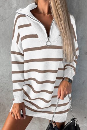 Brown Striped O-ring Zip Collared Loose Sweater Mini Dress - Image 6