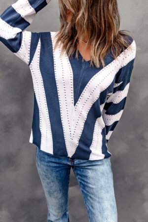Blue Striped Colorblock V Neck Knitted Sweater - Image 5