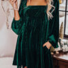 Green Tie Back Square Neck Velvet Babydoll Dress