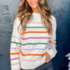White Colorful Striped Ribbed Trim Sweater