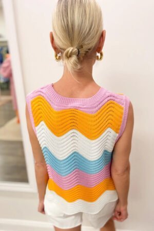 Multicolour Striped Colorblock Scalloped Hem Knitted Vest - Image 3