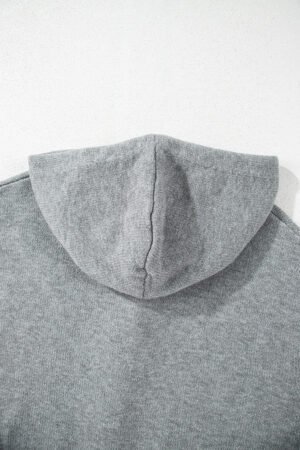 Medium Grey Drawstring Hooded Button Up Drop Shoulder Sweater Cardigan - Image 7