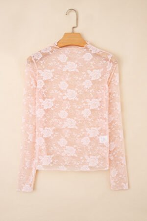 Apricot Pink Sheer Floral Lace Mesh Mock Neck Long Sleeve Top - Image 5