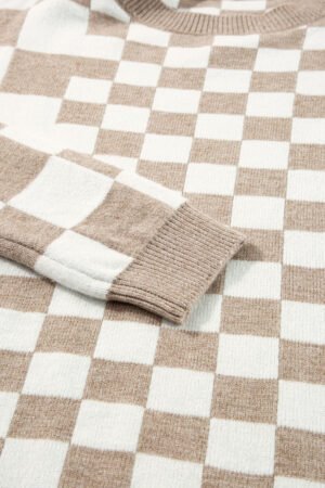 Khaki Checkered Print Drop Shoulder Round Neck Sweater - Image 8