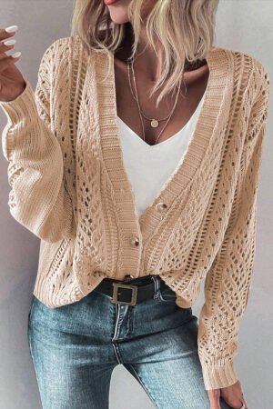 Beige Open Knit Drop Shoulder Sweater Cardigan - Image 5