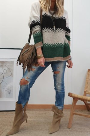Black Stylish Color Block Pattern Drop Shoulder Sweater - Image 5