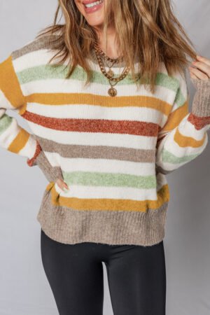 Multicolour Stripe Drop Shoulder Crew Neck Sweater - Image 2