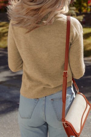Straw Yellow Brushed Knit Casual Fitted Sweater - Image 3