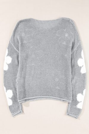 Light Grey Big Flower Hollowed Knit Drop Shoulder Sweater - Image 6