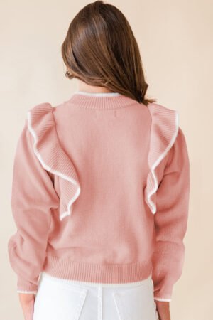 Light Pink Ruffled Bowknot Ribbed Trim Long Sleeve Sweater - Image 3