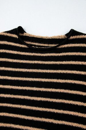 Black Stripe Drop Shoulder Round Neck Loose Sweater - Image 6