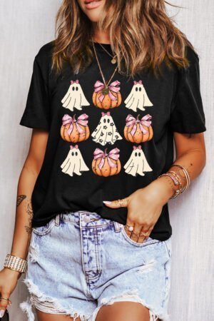 Black Bowknot Ghost Pumpkin Graphic Halloween T Shirt - Image 3