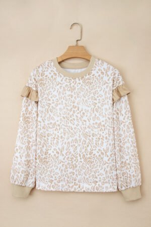Khaki Leopard Ruffle Detail Ribbed Trim Round Neck Sweatshirt - Image 7